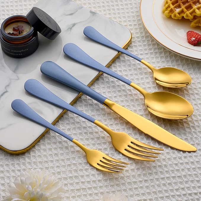 20 Piece Gold and Blue 18/0 Flatware Utensil Set for 4, Include Dinner Knife,Dinner Forks,Dinner Spoons,Salad Forks,Teaspoons,Silverware Set for 4, Dishwasher Safe