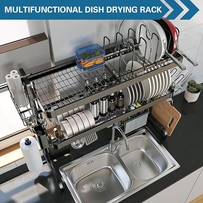 Over The Sink Dish Drying Rack,3 Tier Adjustable Length Full Stainless Steel Large Storage Kitchen Dish Rack,for Kitchen Counter Expandable Multifunctional Organizers,Silver (25.5'' to 37.6'')