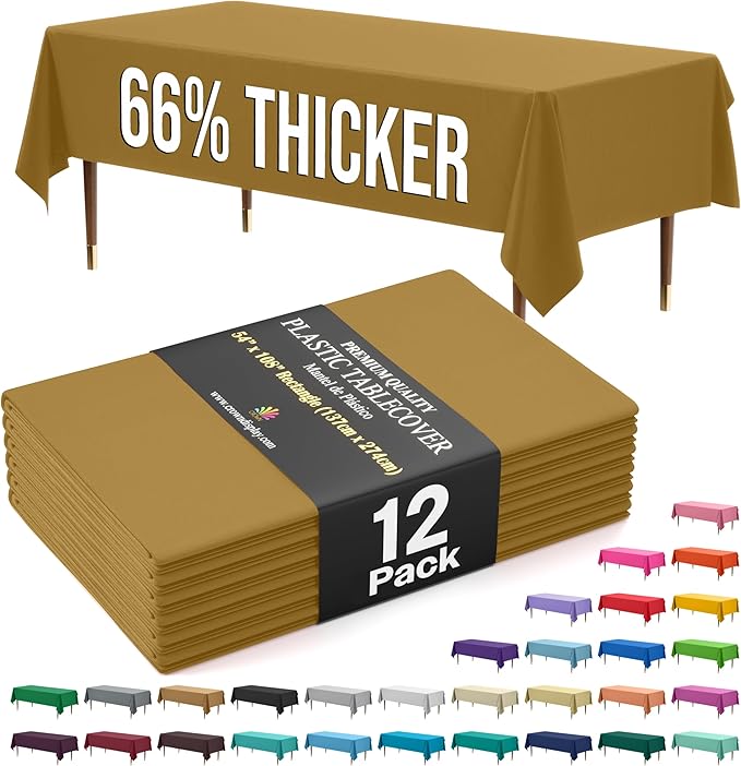 Exquisite 66% Thicker Premium Plastic Table Cloth Rectangle Table Cover 0.5 Mil 12 Pack Gold Table Cloth 54 Inch x 108 Inch Disposable Tablecloth Won't Tear Easily Like Cheap Thin Brands