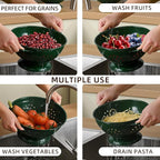 Metal Colander Set of 3, Strainer Basket with Handles perfect for Spaghetti, Pasta, Berry, Vegetable, Fruit, Solid Base Powder Coated Kitchen Essential Strainer Set, 1 & 3.5 & 5 Qt (Dark Green)