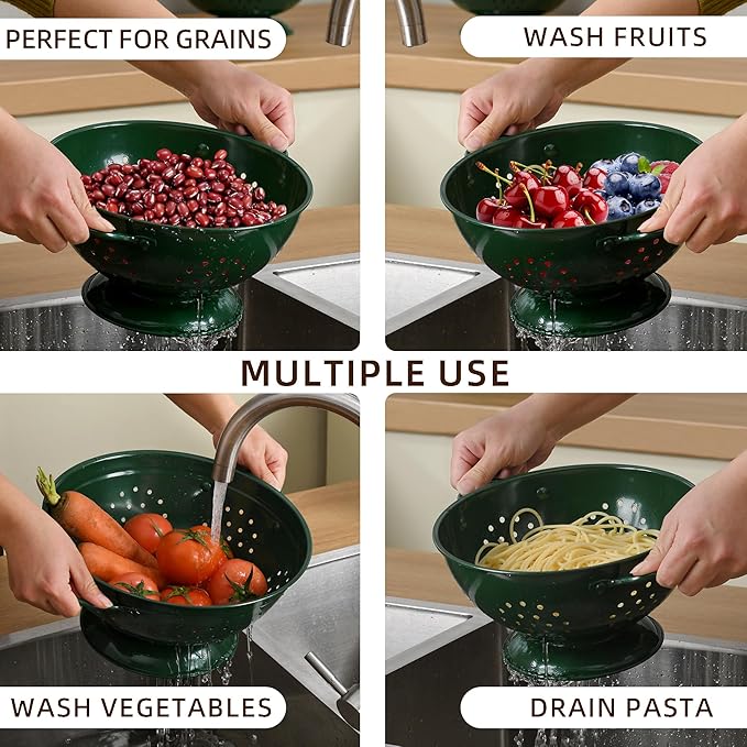 Metal Colander Set of 3, Strainer Basket with Handles perfect for Spaghetti, Pasta, Berry, Vegetable, Fruit, Solid Base Powder Coated Kitchen Essential Strainer Set, 1 & 3.5 & 5 Qt (Dark Green)