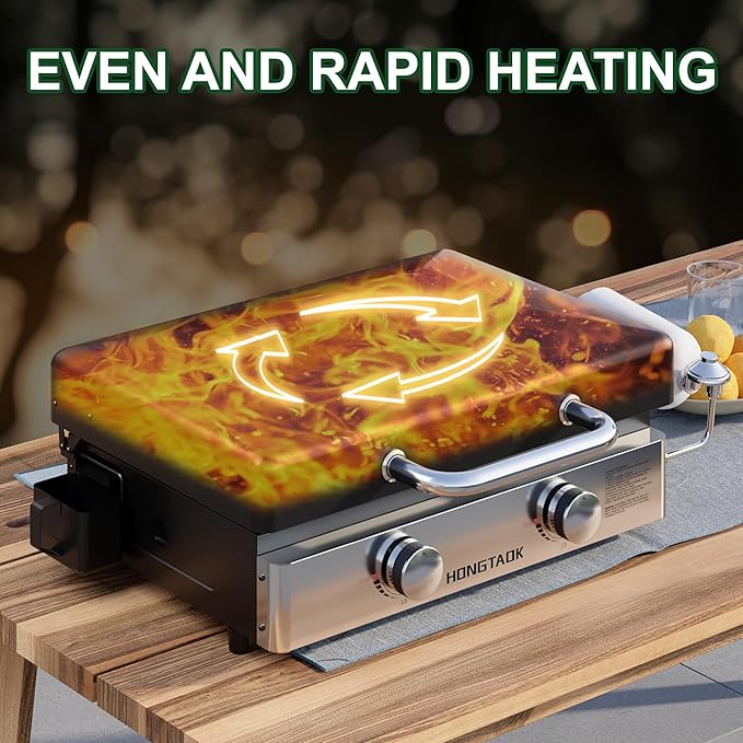 23 Inch Portable Propane Gas Griddle with Non-stick Ceramic Coated Baking Pan and Lid, Outdoor Tabletop 2 Burners Propane Grill for Camping, Barbecue, Tailgating, Cooking