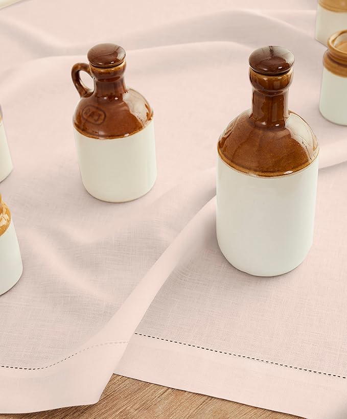 Solino Home Pink Linen Tablecloth 52 x 52 Inch - 100% Pure Linen Square Table Throw - Classic Hemstitch, Machine Washable Table Cloth for Summer, Halloween