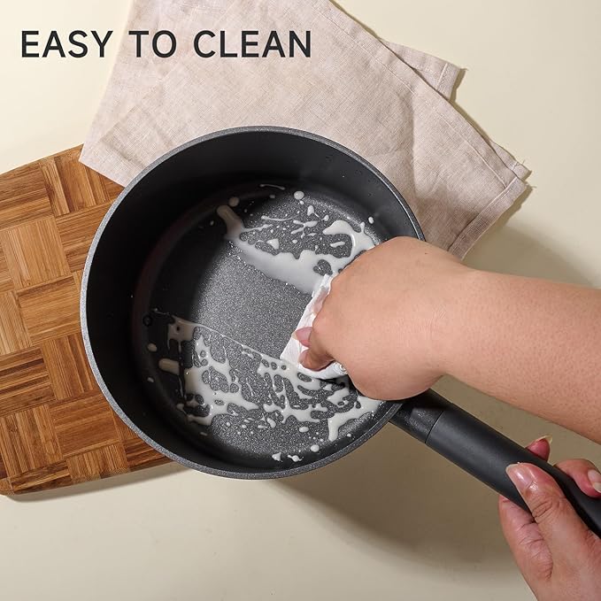 JEETEE Titanium Sauce Pan with Lid, 1.5 QT Non Stick Cooking Pots, Oven & Dishwasher Safe, Ideal for Sauces Soups and Heating Milk, PFOA/PFAS Free (Gray)