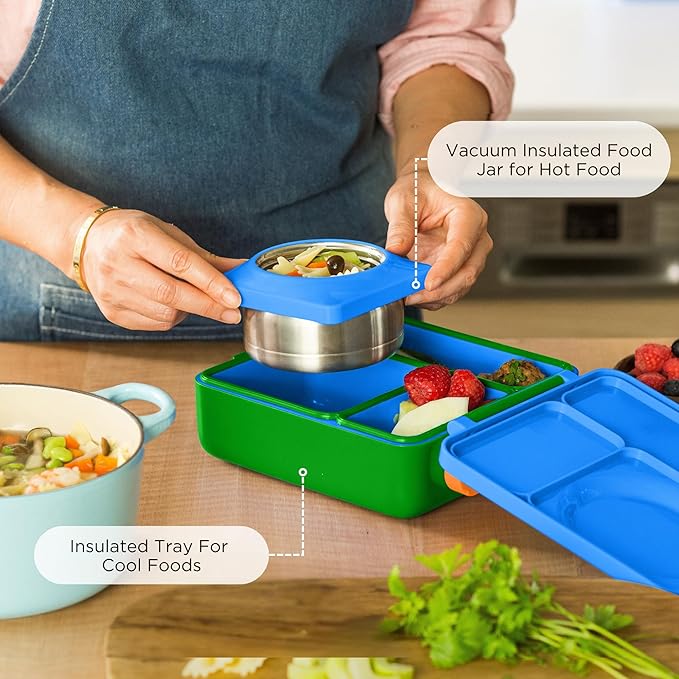 OmieBox Bento Box for Kids - Insulated Bento Lunch Box with Leak Proof Vacuum Insulated Food Jar - 3 Compartments, Two Temperature Zones (Monster Blue)