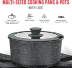 Pots & Pans Set Non Stick Ceramic-Granite – 14-Piece Cookware with Detachable Handles, Stackable Space-Saving, Dishwasher Safe, Oven & All-Stove Safe, Tempered Glass Lids, Black Granite
