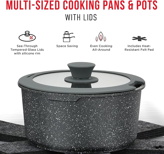 Pots & Pans Set Non Stick Ceramic-Granite – 14-Piece Cookware with Detachable Handles, Stackable Space-Saving, Dishwasher Safe, Oven & All-Stove Safe, Tempered Glass Lids, Black Granite