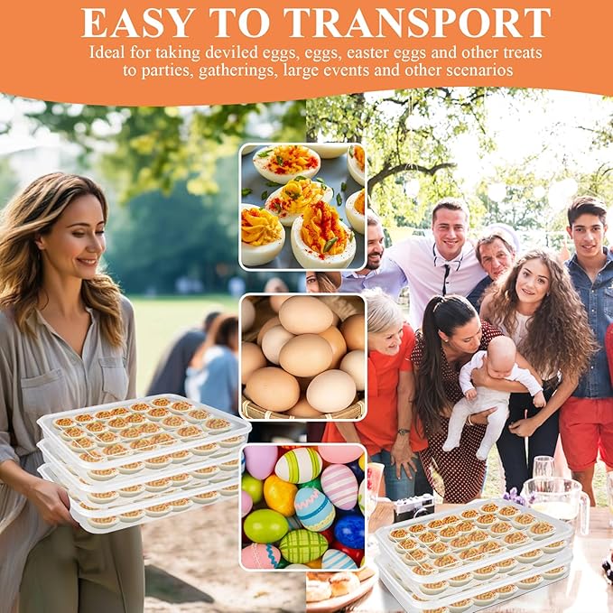 3 Pcs 90 Slots Deviled Egg Containers with Lids, Plastic Deviled Egg Platter, Stackable Egg Carrier, Reusable Deviled Egg Holders with Piping Tool Set for Thanksgiving Easter Party Picnic