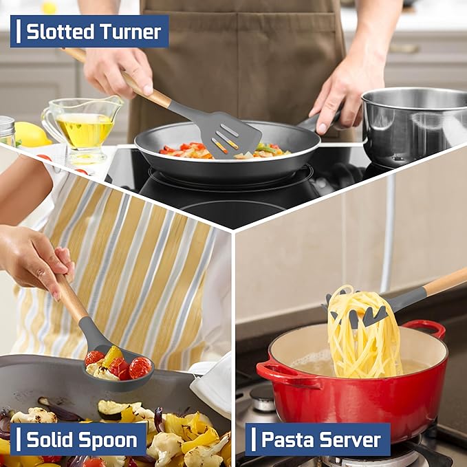 TeamFar Kitchen Utensils Set of 6, Silicone Cooking Utensils with Wooden Handles, Non-stick Cookware Tools for Cooking/Serving/Turning/Mixing, Healthy & Heat-Proof, Dark Gray