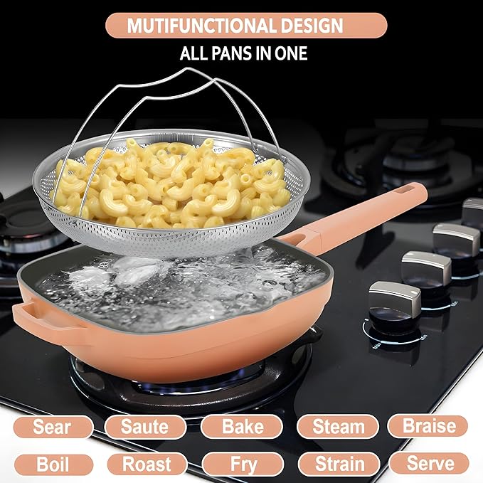 Nonstick Ceramic Saute Pan with Steamer, Non Toxic Deep Frying Skillet with Spatula, PFOA,PFOS,Lead & Cadmium Free,Dishwasher Safe,4 Qt,11-inch, Terracotta,All in One Pan,ceramic cookware with lid