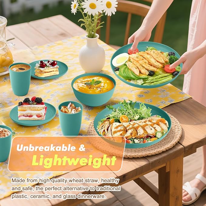 Homienly Wheat Straw Dinnerware Sets, Plates and Bowls Sets, 32-Piece Dish Set for 8, Service for 8, Unbreakable LIghtweight Dinnerware Set for Camping, Outdoor, RV, Microwave & Dishwasher Safe- Green