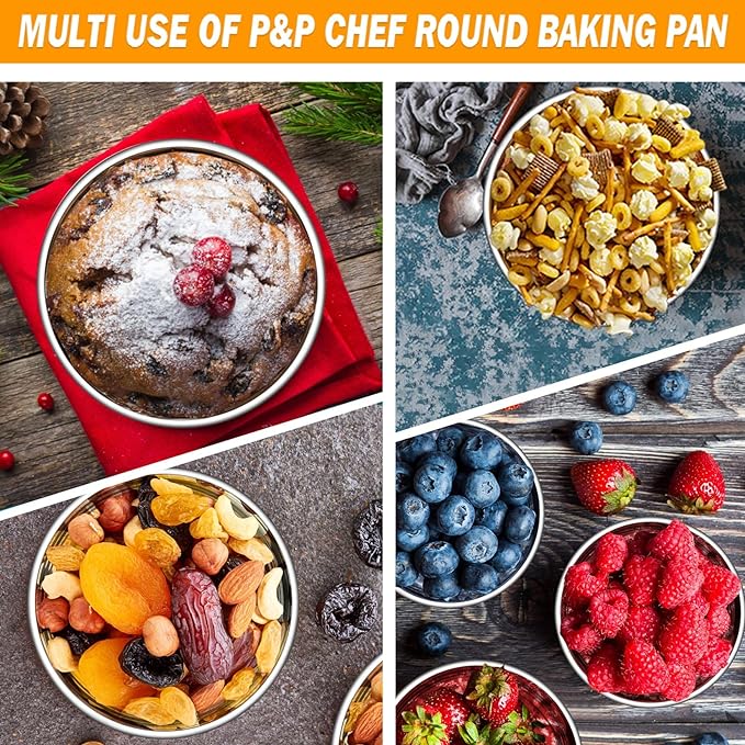 P&P CHEF Cake Pan Set of 4, Stainless Steel Baking Round Cake Pans Tins Bakeware for Birthday Wedding, Leak-proof & Easy Clean, Mirror Finish & Easy Releasing, 4 Inch