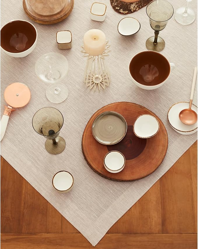 Solino Home Light Natural Linen Tablecloth 52 x 52 Inch - 100% Pure Linen Square Table Throw - Athena, Machine Washable Tablecloth for Summer, Fall, Autumn