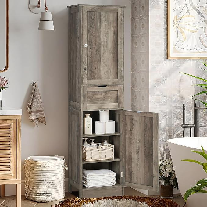 Iwell 67" Tall Storage Cabinet, Narrow Storage Cabinet with Drawer & Adjustable Shelves, Bathroom Cabinet, Floor Cabinet for Living Room, Home Office, Rustic Oak