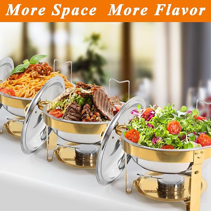 2-Pack Gold Round Chafing Dishes for Buffet, 5QT Stainless Steel Buffet Chafing Set for Catering, Parties & Events