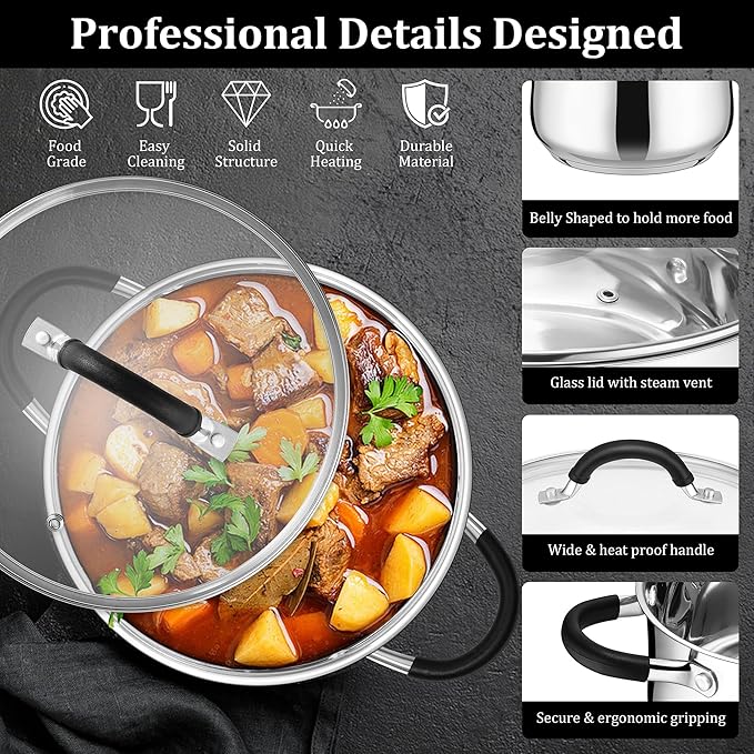 E-far 4 Quart Stockpot, Stainless Steel Pot with Visible Lid for Cooking Soup Pasta, Tri-Ply Thick Base for Induction Gas, Small Cooking Pot with Dual Heat Proof Handles, Non-Toxic & Dishwasher Safe