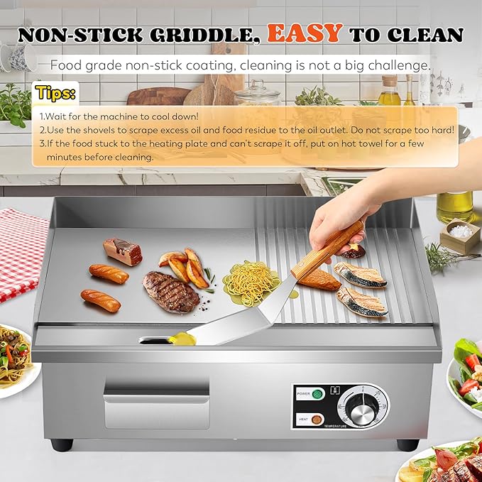 Moogiantgo Electric Griddle 22" Stainless Steel Teppanyaki Grill, Commercial Nonstick Table Top Grill for Pancake Barbecue, Large Half-Flat Cooking Plate with Adjustable Temperature & Drip Tray,1600W