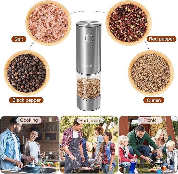 Electric Salt and Pepper Grinder 6 Levels Adjustable Coarseness Refillable Stainless Steel Auto Salt and Pepper Grinder Mill Usb Rechargeable with Lights(1Pack)