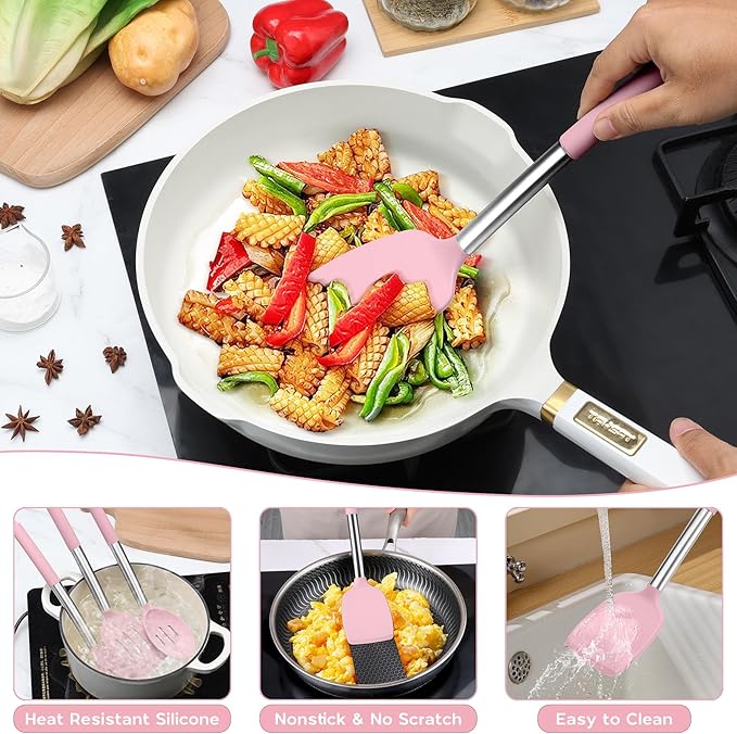 Silicone Utensils Set, Onader 15pcs Kitchen Cooking Utensils with Holder, Non-stick Cookware with Stainless Steel Handle, Kitchen Gadgets Tools Gift - Pink