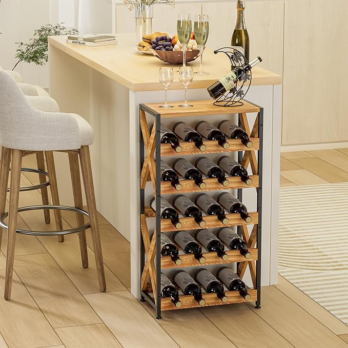 20 Bottle Wine Rack Freestanding Floor with Wood Top,Wobble-Free 5 Tier Wine Display Storage Stand Shelf,Stackable Modular Wine Bottle Holder Rack for Kitchen,Cellar,Living Room