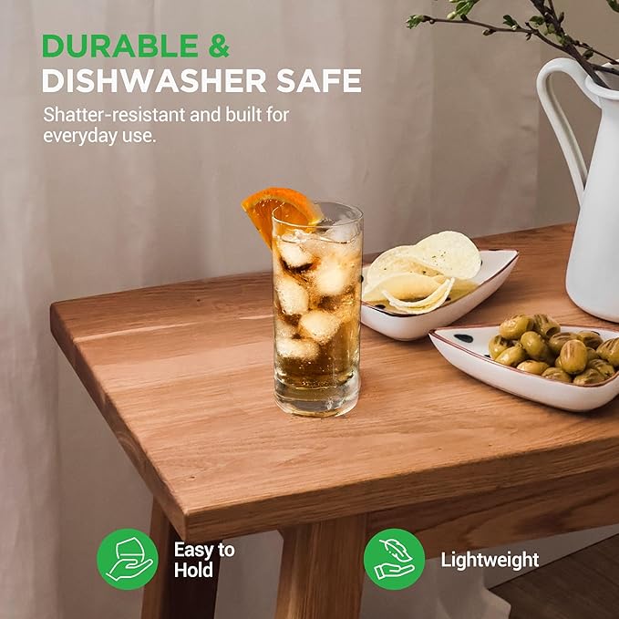 NutriChef 14.2 oz Highball Drinking Glasses Set of 4, Heavy Base Tall Glasses for Water, Liquor, Cocktail | Long Kitchen Glass for Drink and Juice - Clear