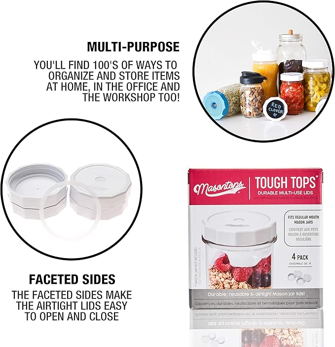 Masontops Tough Tops - Regular Mouth Mason Jar Lid - White - BPA-Free Plastic Screw Caps - Durable Reusable Jar Covers