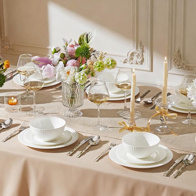 KINGSTONE 24-piece Bone China Dinnerware Set and 40-piece silverware, White Lightweight Porcelain for 8, Plates, Bowls with matching flatware, Microwave and Dishwasher Safe, for Family, Gifting