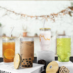 11 oz Drinking Glasses Cups Set of 2 with Bamboo Lids Straws Brush Vintage Small Glassware Set for Mojito Iced Coffee Cocktail Whiskey(Ribbed & Hobnail)