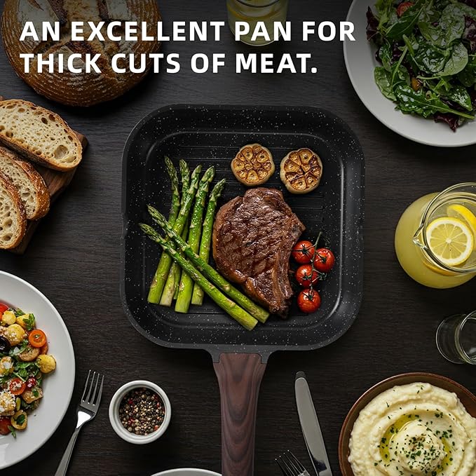 Kikcoin Nonstick Grill Pan for Indoor Cooking，9.5 Inch Versatile Griddle for Stove Tops Steak Pan with Pour Spouts