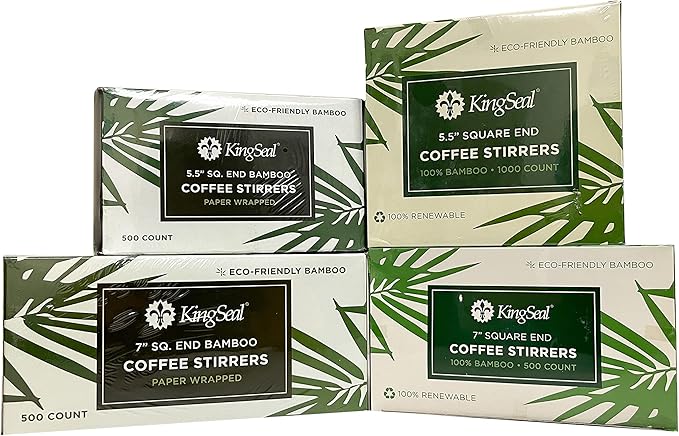 500 Count | KingSeal Individually Paper Wrapped Bamboo Coffee Stir Sticks, 7 inches, Square End, 100% Renewable and Biodegradable - 1 Box of 500 Stirrers