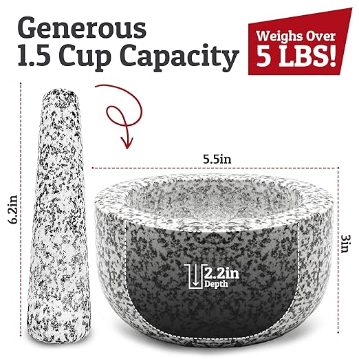 PriorityChef Heavy Duty Natural Granite Mortar and Pestle Set, 1.5 Cup, Carved from Natural Granite, Make Fresh Guacamole, Salsa, Pesto, Stone Grinder Bowl, Herb Crusher, Spice Grinder, White