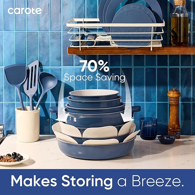 CAROTE 27pcs Ceramic Cookware Set Nonstick, Pots and Pans Set Non Stick, Non Toxic Cookware Detachable Handles, Dishwasher/Oven Safe, RV/Camping Cookware, Pan and Pot with Kitchen Utensils, Navy Blue