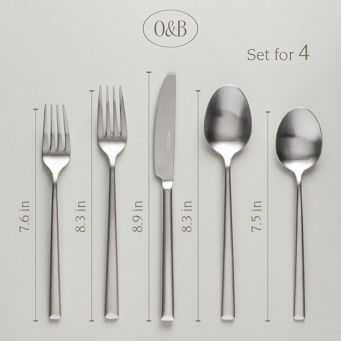 over&back 20pc Modern Flatware Cutlery Set - Comes with 4 Dinner Forks, 4 Salad Forks, 4 Dinner Knives, 4 Dinner Spoons, and 4 Teaspoons - 18/8 Stainless Steel - Dishwasher-Safe - Brushed Stainless