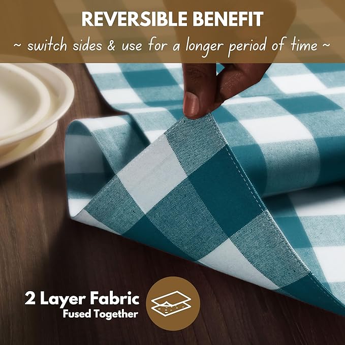 Native Fab Table Runner Buffalo Check Plaid 100% Cotton - 13x102 Inches Kitchen Dining Table Decoration for Indoor Outdoor Farmhouse Home Party Decor - Teal Green and White