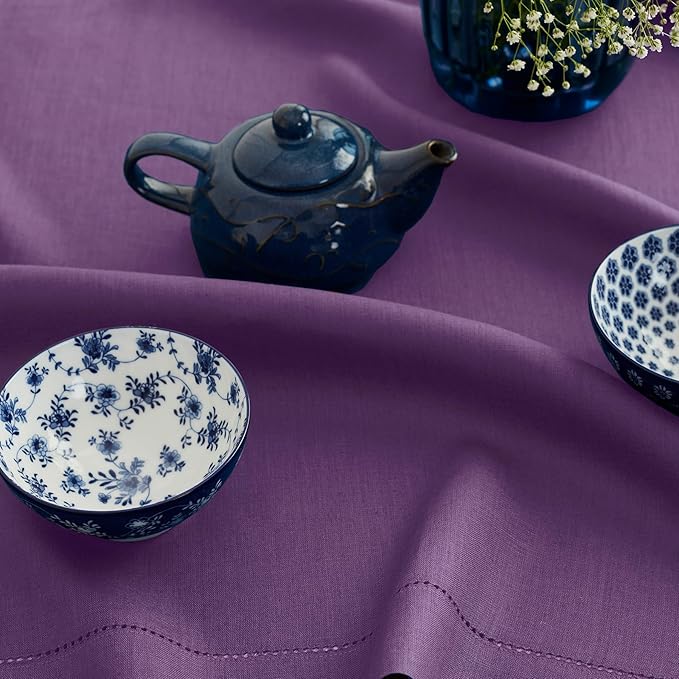 Solino Home Linen Tablecloth 60 x 108 Inch - Classic Hemstitch 100% Pure Linen Purple Table Cloth for Rectangle Tables - Machine Washable Tablecloth for Summer, Fall, Autumn, Halloween
