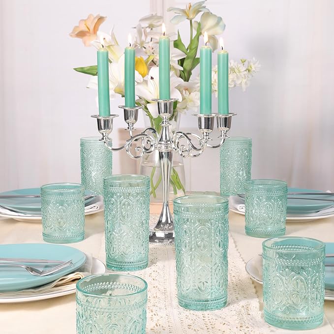 Glassware set of 4, Vintage Drinking Glasses, 10oz Heavy Duty Glass Cups, Colored Glassware Set, Embossed Glasses Set for Party Wedding Home Office Glassesware Gift