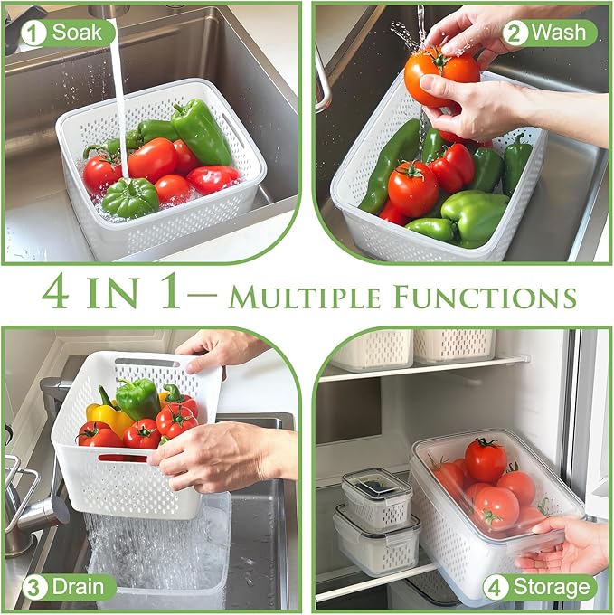 Large Fruit Containers for Fridge, Airtight Food Storage Containers with Removable Colander, Dishwasher and Microwave Safe, Berry Produce Container Keep Fruits, Vegetables, Meat Fresh Longer, 6 Pcs