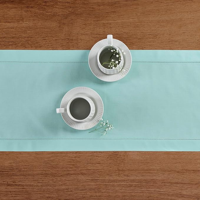 Solino Home Cotton Linen Table Runner 90 Inches Long - Hemstitch Pastel Turquoise Dining Table Runner 14 x 90 Inch for Summer