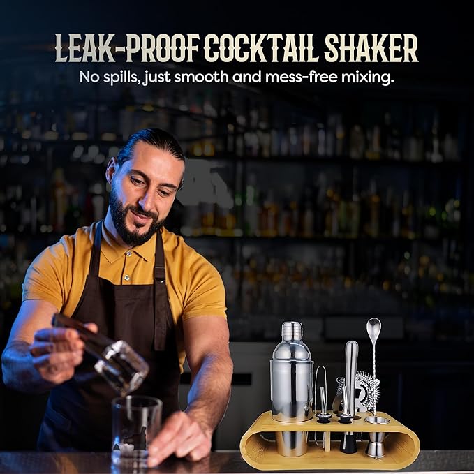 Cocktail Shaker Set Bartender Kit with 10 Bar Tools & Bamboo Stand – Martini Shaker, Jigger, Strainer, Muddler, Mixer Spoon, Pourers – Home Bar Set & Gift for Men (Silver)