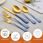 20 Piece Gold and Blue 18/0 Flatware Utensil Set for 4, Include Dinner Knife,Dinner Forks,Dinner Spoons,Salad Forks,Teaspoons,Silverware Set for 4, Dishwasher Safe
