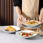 fMBB Ceramic Large Soup Bowls, 8.6 Inches, Modern 4-Piece Deep Salad Plates Set, Porcelain Square Plates, for Fruit, Cereal, Dessert, Snack - White