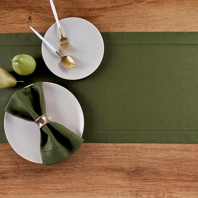Solino Home Linen Table Runner 36 Inches - 100% Pure Linen Olive Hemstitch Table Runner 14 x 36 Inch Ideal for Dresser and Coffee Tables - Classic Hemstitch