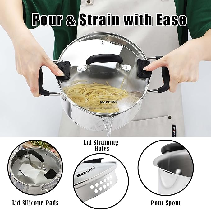 Rorence Stainless Steel Stock Pot with Pour Spout & Silicone Handles & Glass Lid with Strainer - 3.7 Quart