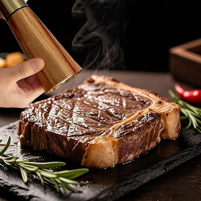 Salt and Pepper Grinder Set, Acacia Wooden Pepper Grinder with Adjustable Coarseness, Refillable Ceramic Blade Grind,Gold Pepper Mill for Kitchen, Enjoy Fresh Ground Pepper Salt with Spice