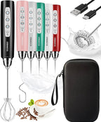 YUSWKO Rechargeable Milk Frother Handheld Frother Wand Drink Mixer for Coffee, Electric Whisk 3 Speed Adjustable, Coffee Foamer Maker with 3 Stainless Whisks Ideal Stirrers for Travel - Black