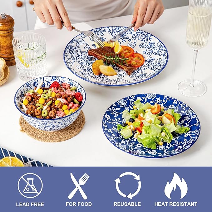 Ceramic Dinner Plates Set - 10.5 Inch Large Kitchen Porcelain Salad Serving Plate for Pasta Steak Pizza Pancakes - Scratch Resistant Dishwasher Oven Microwave Safe - Set of 6 - Vintage Blue
