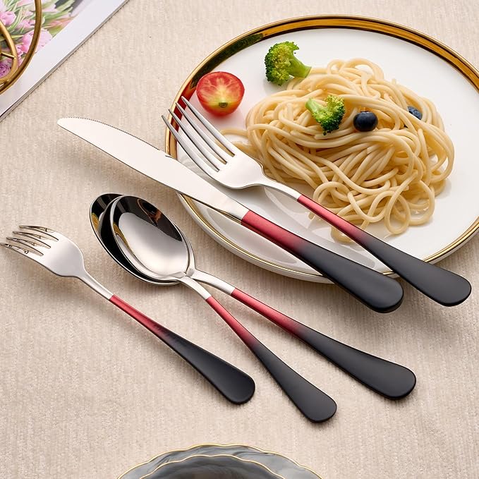 20-Piece Black Red Silverware Set 18/0 Stainless Steel Silverware Set Black Red Handle Cutlery Set Service for 4 Dinner Knives Forks Spoons Set Flatware Set Finish Dishwasher Safe