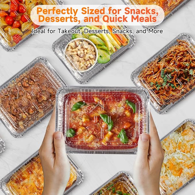 Aluminum Pans with Clear Lids - 50 Pack 2.25LB Capacity Disposable Pans with Plastic Dome Lids, 8.5”x6” Heavy Duty Tin Foil Pans for Cake Baking, Cooking, Heating, Storing, Prepping Food