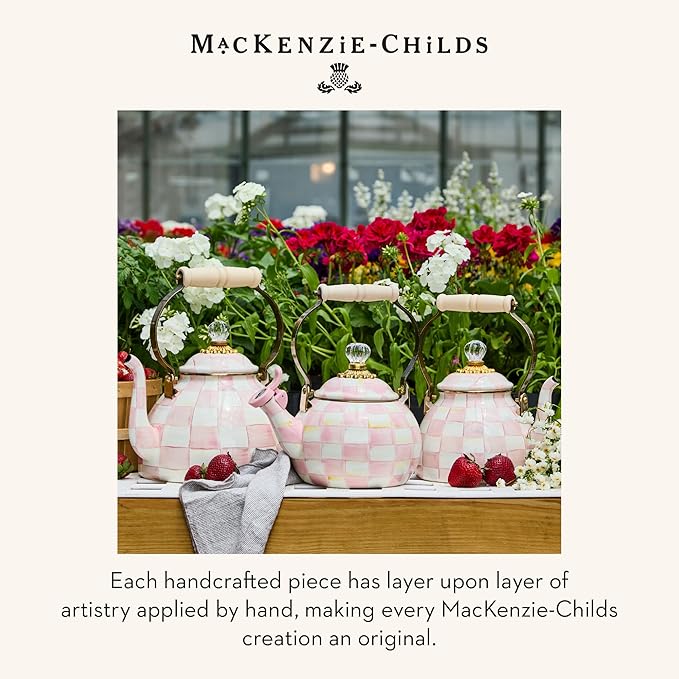 MACKENZIE-CHILDS Enamel Whistling Tea Kettle, Decorative Teapot, Pink-and-White Rosy Check