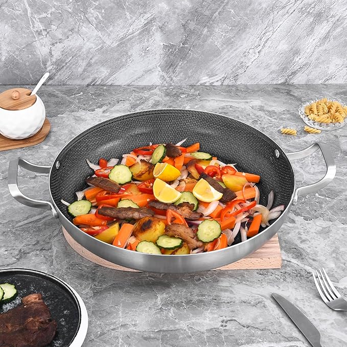 Inqibee 14-Inch Hybrid Tri-Ply Stainless Steel Paella Pan with Lid,Ceramic Non Stick Large Skillet,Induction Cooking Pan,Anti-Scratch,Dishwasher and Oven Safe